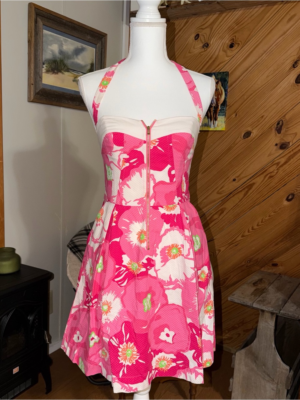 Corseted Lilly Pulitzer Pink Floral Halter Mini Dress with Pockets